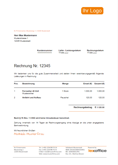 Rechnungsvorlage And Musterrechnung Kostenlos Lexoffice 